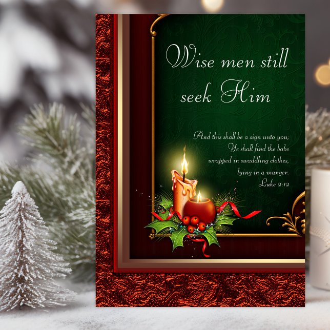 Elegante christliche Weihnachtskarten Feiertagskarte (Christian Christmas card with bible verses. Elegant red, gold and green candle and holly.)