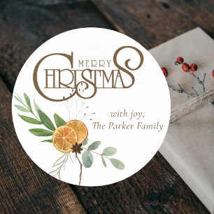 Elegante Christmas Citrus Watercolor Botanisch Runder Aufkleber