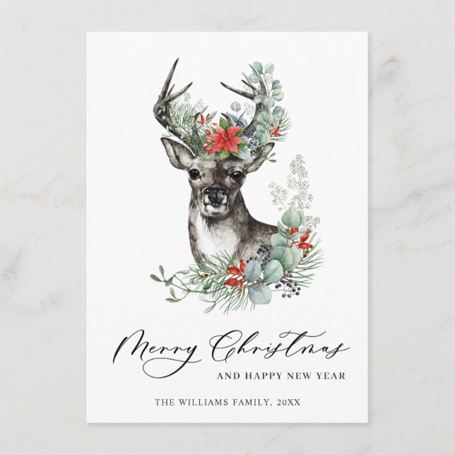 Elegante Christmas Deer Poinsettia Gruß Feiertagskarte (Vorderseite)