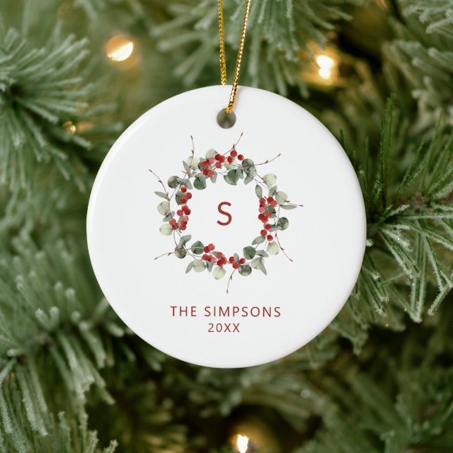 Elegante Christmas Greenery Monogram Family Keramik Ornament (Baum)