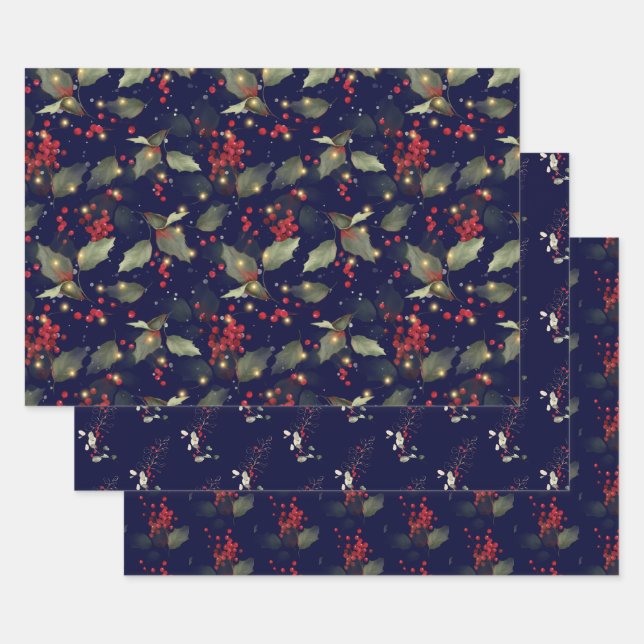 Elegante Christmas Holly Berry Eucalyptus Red Gold Geschenkpapier Set (Set)