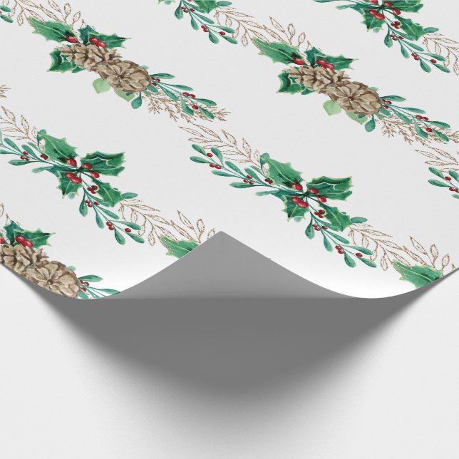 Elegante Christmas Holly Berry Pine Foliage Garlan Geschenkpapier (Ecke)