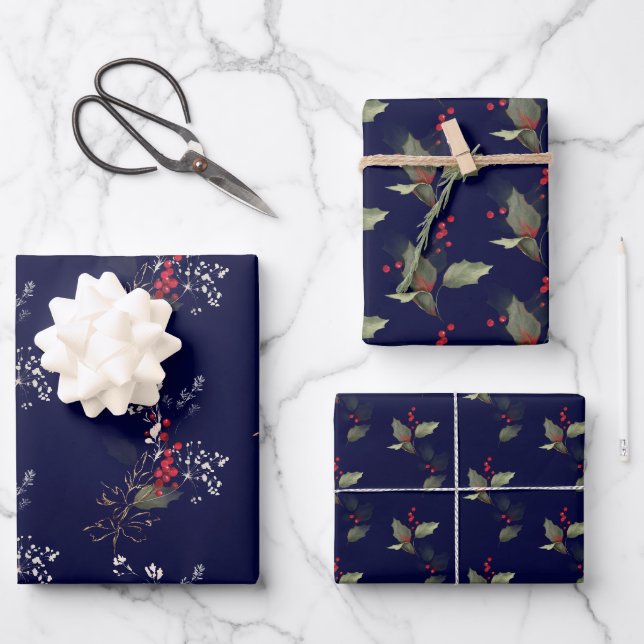 Elegante Christmas Holly Gold Green Red Berries Geschenkpapier Set (Vorderseite)