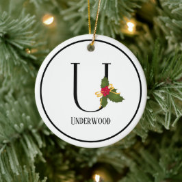 Elegante Christmas Holly Monogram Letter U Keramik Ornament