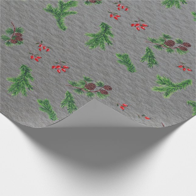 Elegante Christmas Holly Pine Cones Minimalistisch Geschenkpapier (Ecke)