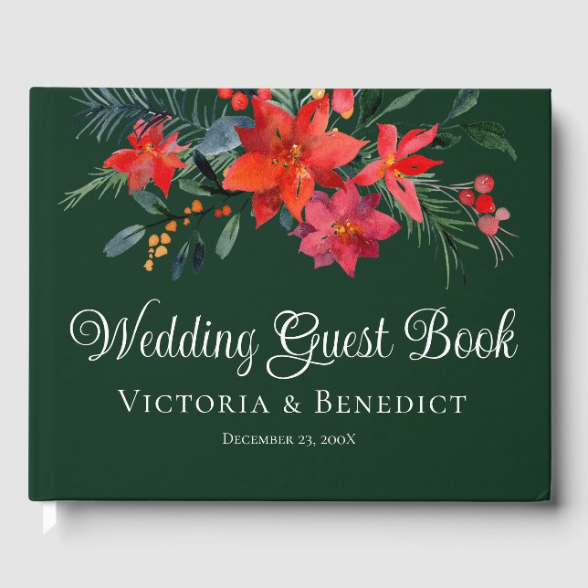 Elegante Christmas Poinsettia Blumengrün Hochzeit Gästebuch (Vorderseite)