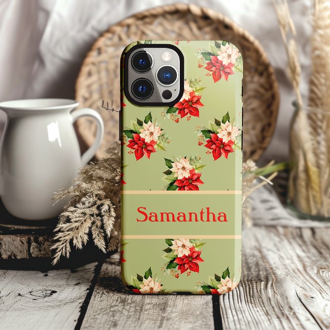 Elegante Christmas Poinsettia Botanisches Flora Case-Mate iPhone 14 Hülle (pretty mint green and classic christmas poinsettia phone case with name)