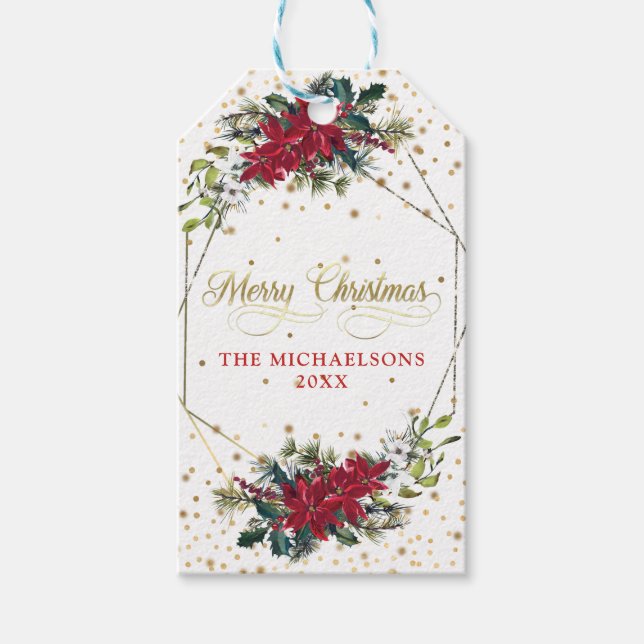 Elegante Christmas Poinsettia Gold Confetti Geschenkanhänger (Vorderseite)