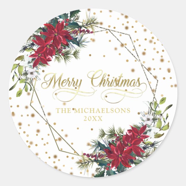 Elegante Christmas Poinsettia Gold Confetti Runder Aufkleber (Vorderseite)