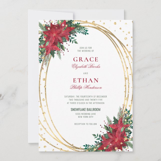 Elegante Christmas Poinsettia Wedding Einladung (Vorderseite)