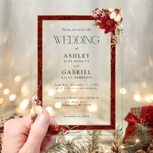 Elegante Christmas Red Damask Floral Acryleinladungen