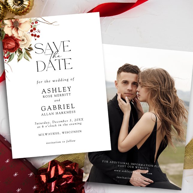 Elegante Christmas Red Damask Floral Save The Date (Von Creator hochgeladen)