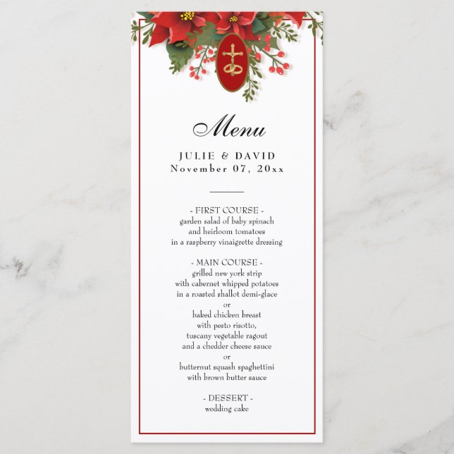 Elegante Christmas Red Pointsettia Wedding Menükarte (Vorderseite)