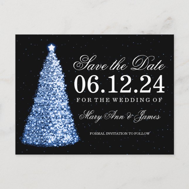 Elegante Christmas Save the Date Blue Ankündigungspostkarte (Vorderseite)