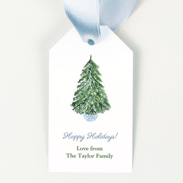 Elegante Christmas Tree Ginger Jar Merry Christmas Geschenkanhänger (Minimalist christmas tree in chinoiserie planter happy holidays gift tags)