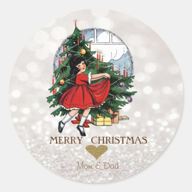 Elegante Christmas Tree Little Girl Bokeh Runder Aufkleber (Vorderseite)