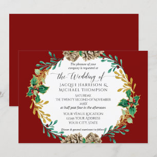 Elegante Christmas Watercolor Gold Holly Wreath Einladung