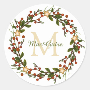 Elegante Christmas Wreath Monogram Urklassische Runder Aufkleber