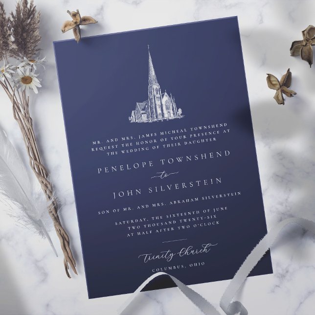 Elegante Church Illustration Navy Formal Wedding Einladung (navy blue formal wedding invitation with illustration of a church)