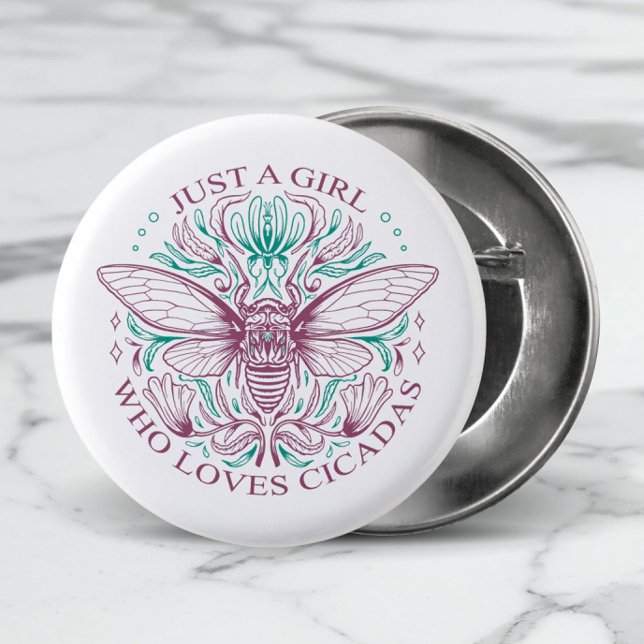 Elegante Cicada Insect Botanische Linie Kunst, Dic Button (See the Collection for other gifts for the Girl Who Loves Cicadas!)