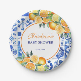 Elegante Citrus Blue Tiles Baby Dusche Pappteller