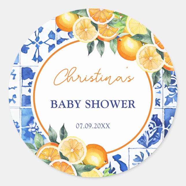 Elegante Citrus Blue Tiles Baby Dusche Runder Aufkleber (Vorderseite)