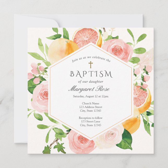 Elegante Citrus Floral Taufe Einladung (Vorderseite)