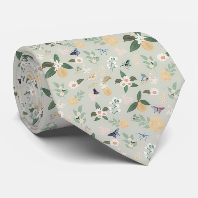 Elegante Citrus Lemon Blume Schmetterlinge Krawatte (Gerollt)