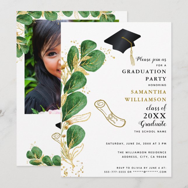 Elegante Class of 2025 Foto Greenery Abschluss Einladung (Vorne/Hinten)