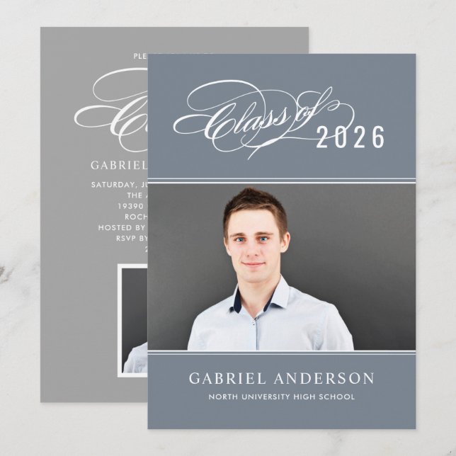 Elegante Class of 2025 Slate Foto Graduation Party Einladung (Vorne/Hinten)