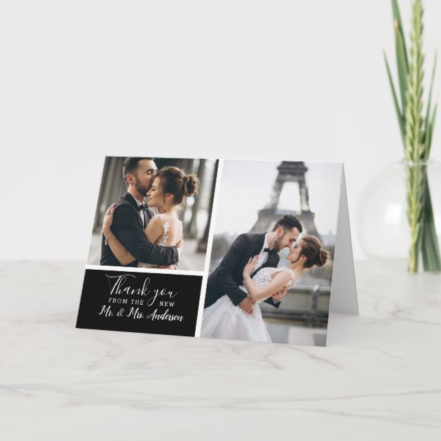 Elegante Classic Black 2 Foto Collage Wedding Dankeskarte (Vorderseite)