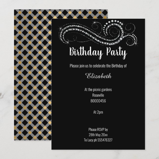 ELEGANTE CLASSIC BLACK GOLD DIAMOND INVITATION EINLADUNG (Vorne/Hinten)