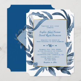 Elegante Classic Blue Blätter Gold Monogram Weddin Einladung
