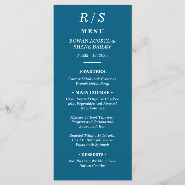 Elegante Classic Blue Monogram Wedding Menu Card Menükarte (Vorderseite)
