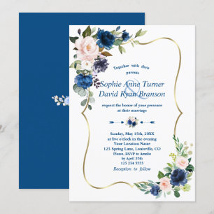 Elegante Classic Blue Pink Blume Gold Wedding Einladung