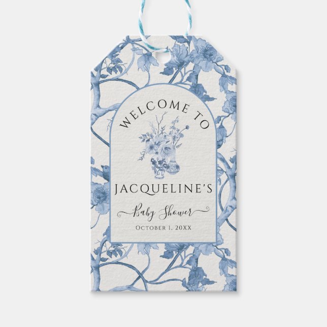 Elegante Classic Blue White Chinoiserie Babydusche Geschenkanhänger (Vorderseite)