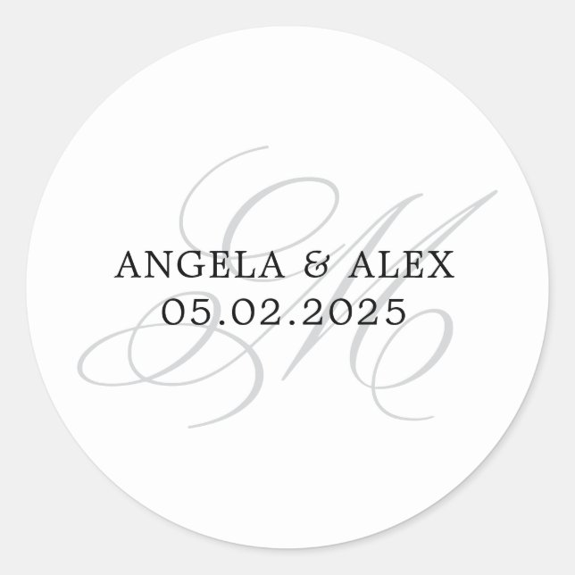 Elegante Classic Calligraphy M Monogram Wedding Runder Aufkleber (Vorderseite)