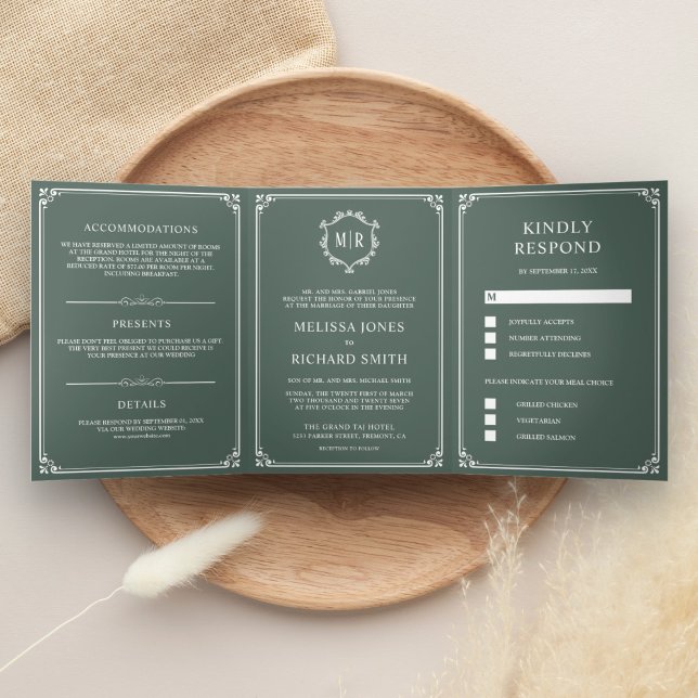 Elegante Classic Dusty Green Monogram Wedding Dreifach Gefaltete Einladung (Von Creator hochgeladen)