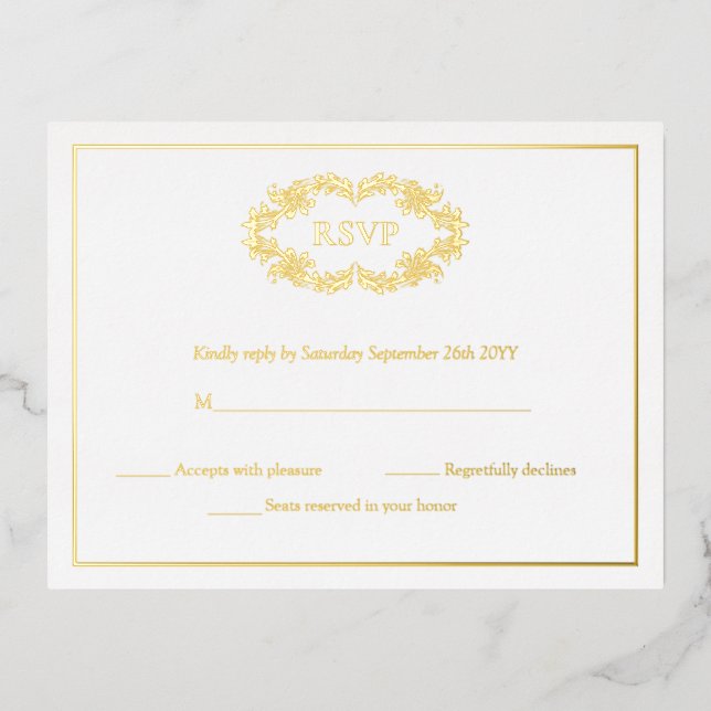Elegante Classic Gold Wappen Monogram RSVP Cards Folie Einladungspostkarte (Vorderseite)