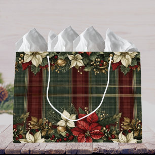 Elegante Classic Kariert Red Poinsettias Holly & G Große Geschenktüte