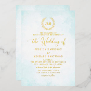 Elegante Classic Monogram Turquoise Gold Wedding Folieneinladung