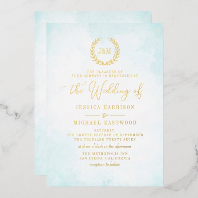 Elegante Classic Monogram Turquoise Gold Wedding Folieneinladung (Vorderseite/Rückseite)