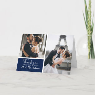 Elegante Classic Navy 2 Foto Collage Wedding Dankeskarte