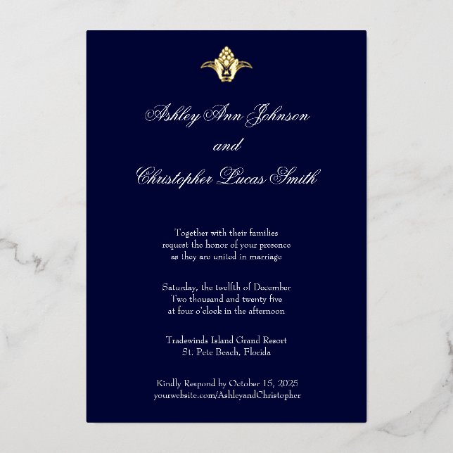Elegante Classic Navy Gold Foil Einladung zur Hoch (Vorderseite)