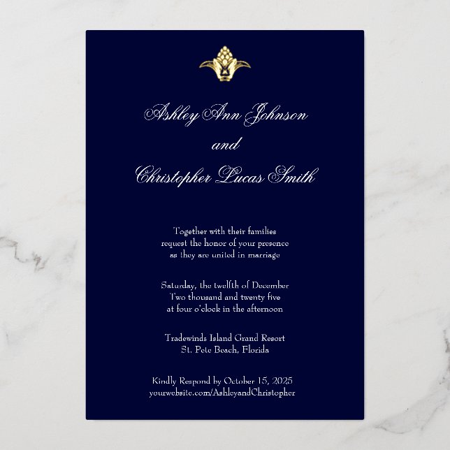 Elegante Classic Navy Gold Foil Einladung zur Hoch (Vorderseite)