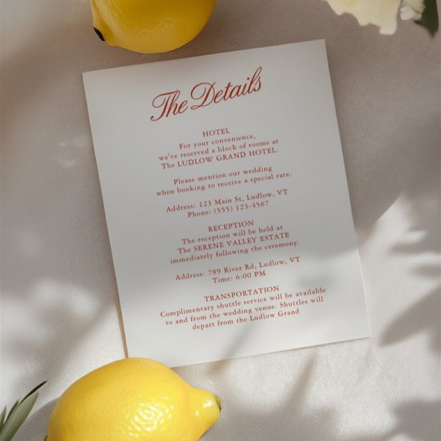 Elegante Classic Red & Ivory Wedding Details Card Einladung (Elegant Classic Red & Ivory Wedding Details Card)