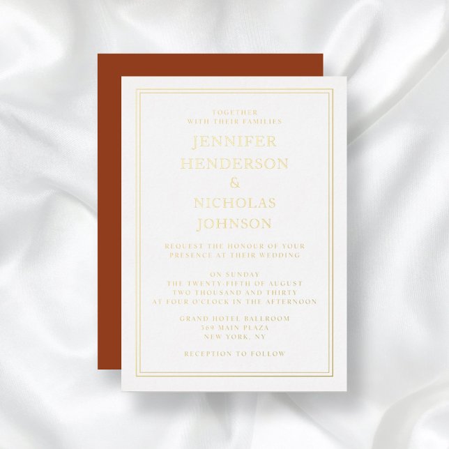 Elegante Classic Terracotta Hochzeit Gold Folieneinladung (Front/Back)