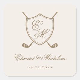 Elegante Classic Wappen Monogram Golf Wedding Quadratischer Aufkleber