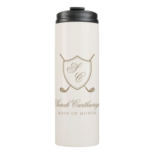 Elegante Classic Wappen Monogram Golf Wedding Thermosbecher (Vorderseite)