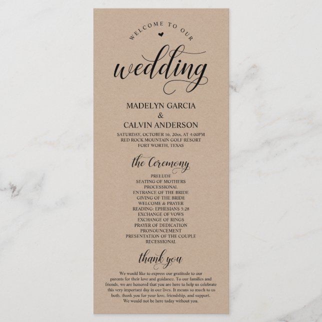 Elegante Classy Brown Rustic Kraft Hochzeitsfeier Programm (Vorderseite)
